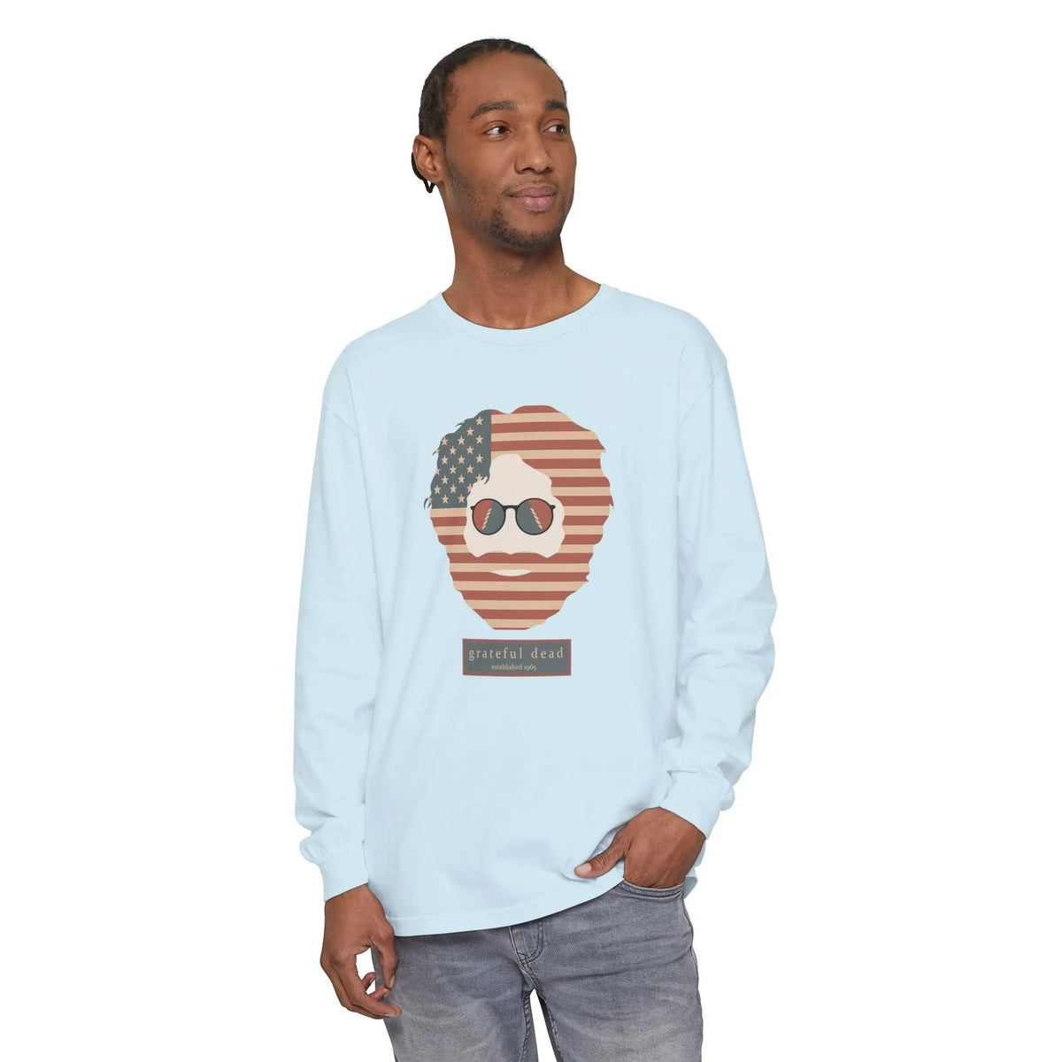 เสื้อยืดแขนยาว Stars & Stripes คอลเลกชัน Jerry Vineyard ผ่านการย้อมแบบเป็นตัวเสื้อ