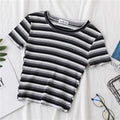 เสื้อยืดรัดรูปแขนสั้นลายทางสีรุ้งโชว์สะดือสำหรับผู้หญิง