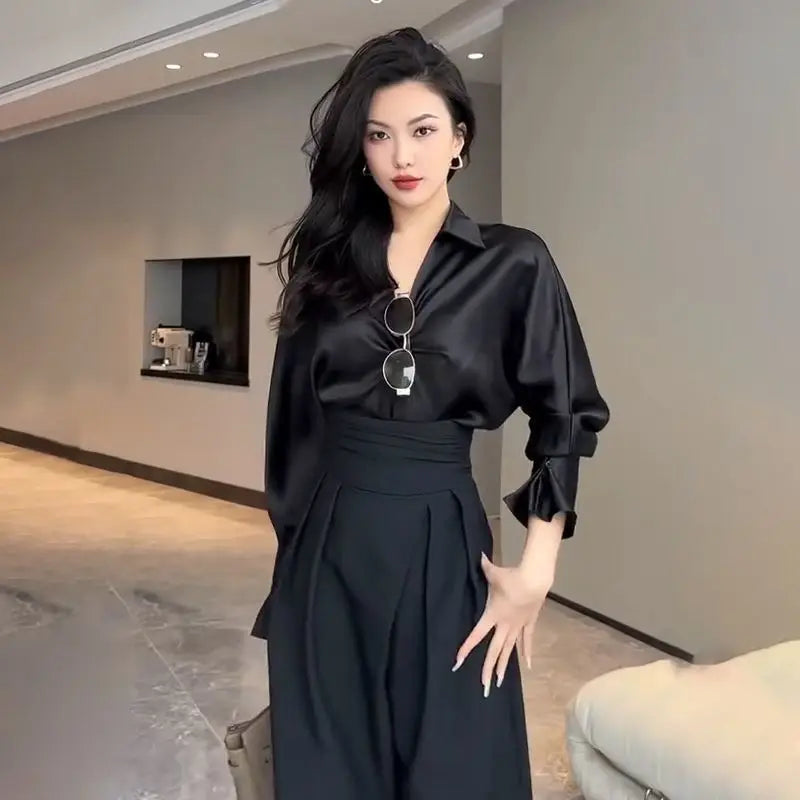 กางเกงลำลองเอวสูงทรงกระบอกหลวมทิ้งตัวแบบม็อบ