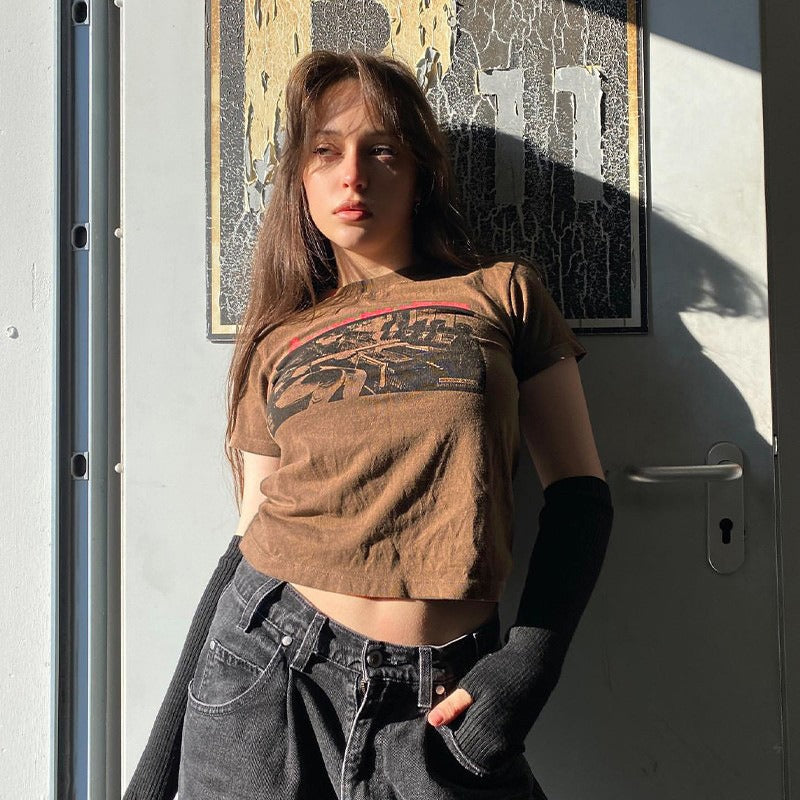 เสื้อยืดลายกราฟิกคลาสสิกร็อกสำหรับผู้หญิง เสื้อยืดคอตตอนแขนสั้นคอกลมฤดูร้อน