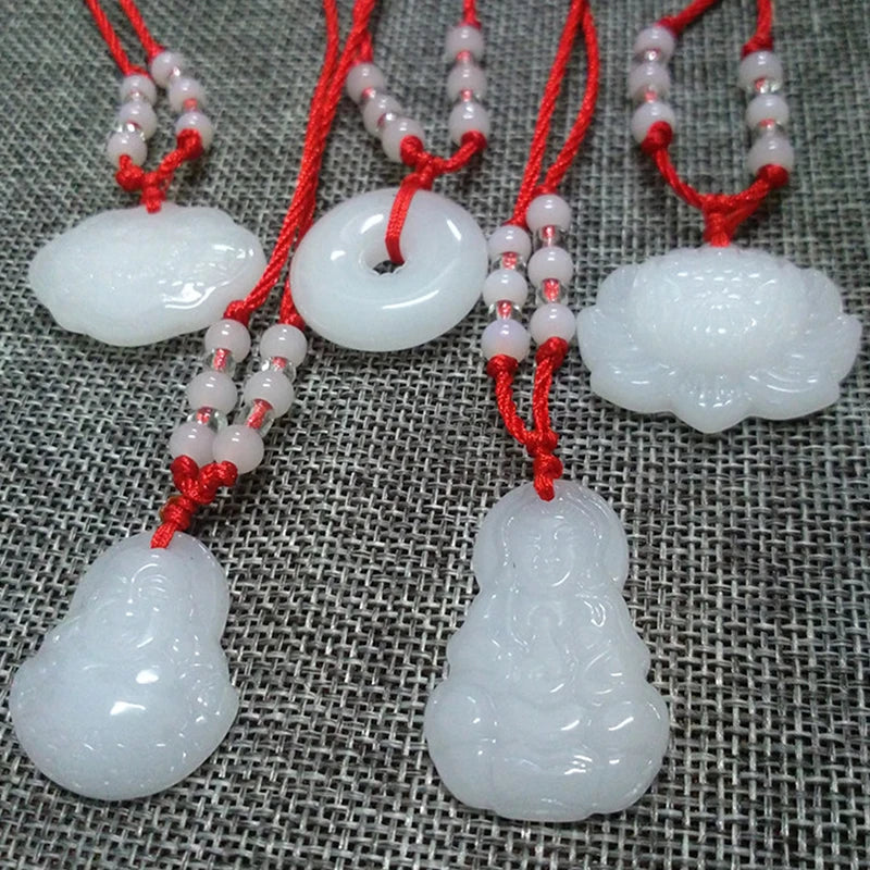 สร้อยคอถักแบบพุทธ จี้หยกพระพุทธเจ้าปางประทานพรดอกบัว กวนอิม จี้แม่กุญแจอายุยืน สร้อยคอเรียกโชค