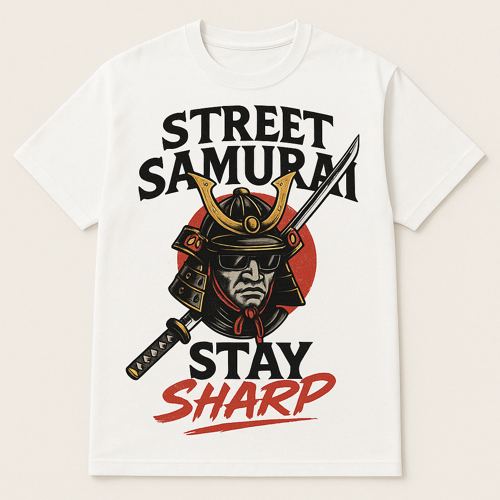 เสื้อยืดลายกราฟิกสตรีทซามูไร – ลายดาบนักรบญี่ปุ่น, เสื้อยืดคอตตอนสีขาว