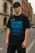 เสื้อยืดลายกราฟิกไซเบอร์พังก์สำหรับผู้ชาย – เสื้อยืดสีดำลายพิมพ์เมืองนีออน FUTURE CHAOS