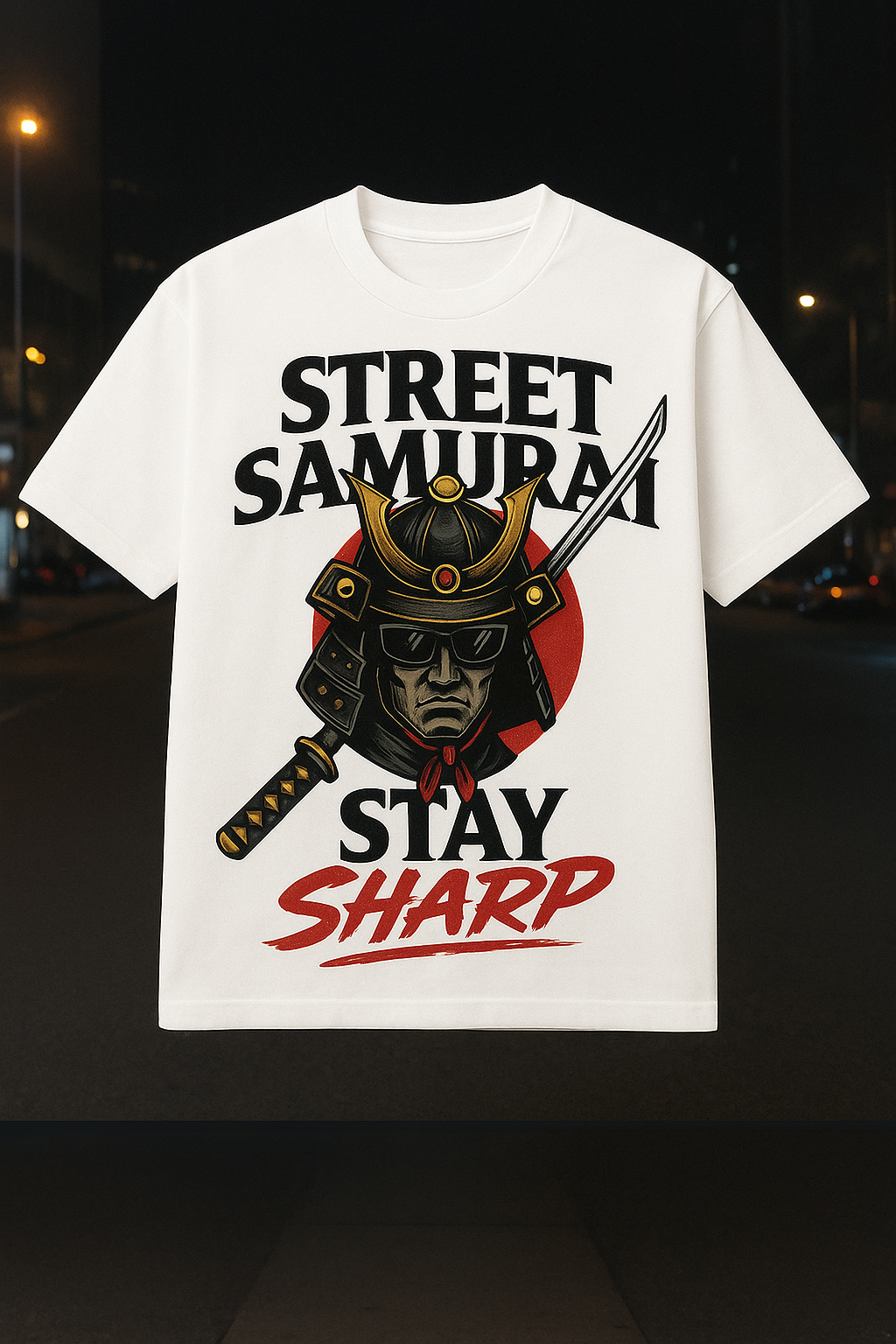 เสื้อยืดลายกราฟิกสตรีทซามูไร – ลายดาบนักรบญี่ปุ่น, เสื้อยืดคอตตอนสีขาว