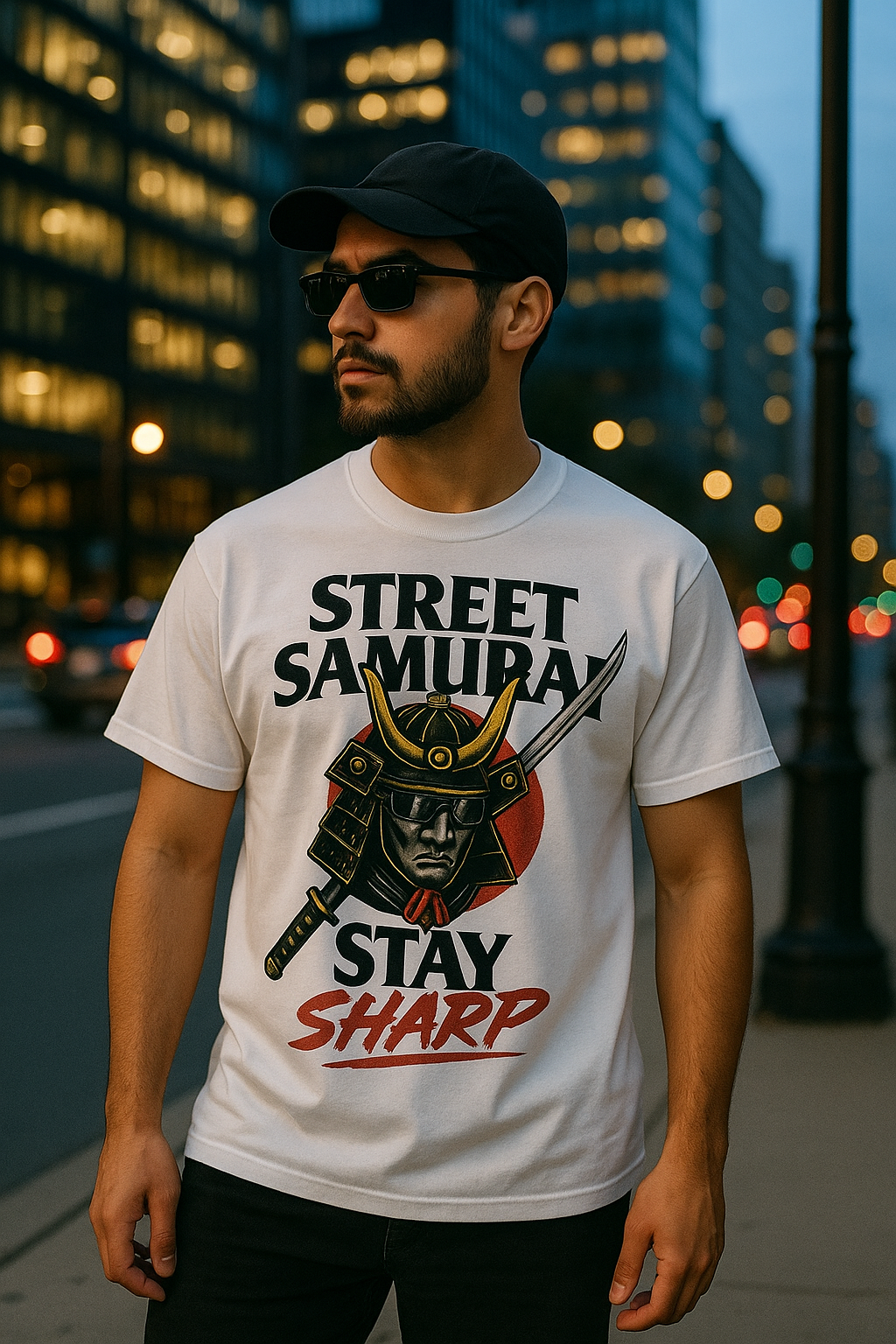 เสื้อยืดลายกราฟิกสตรีทซามูไร – ลายดาบนักรบญี่ปุ่น, เสื้อยืดคอตตอนสีขาว