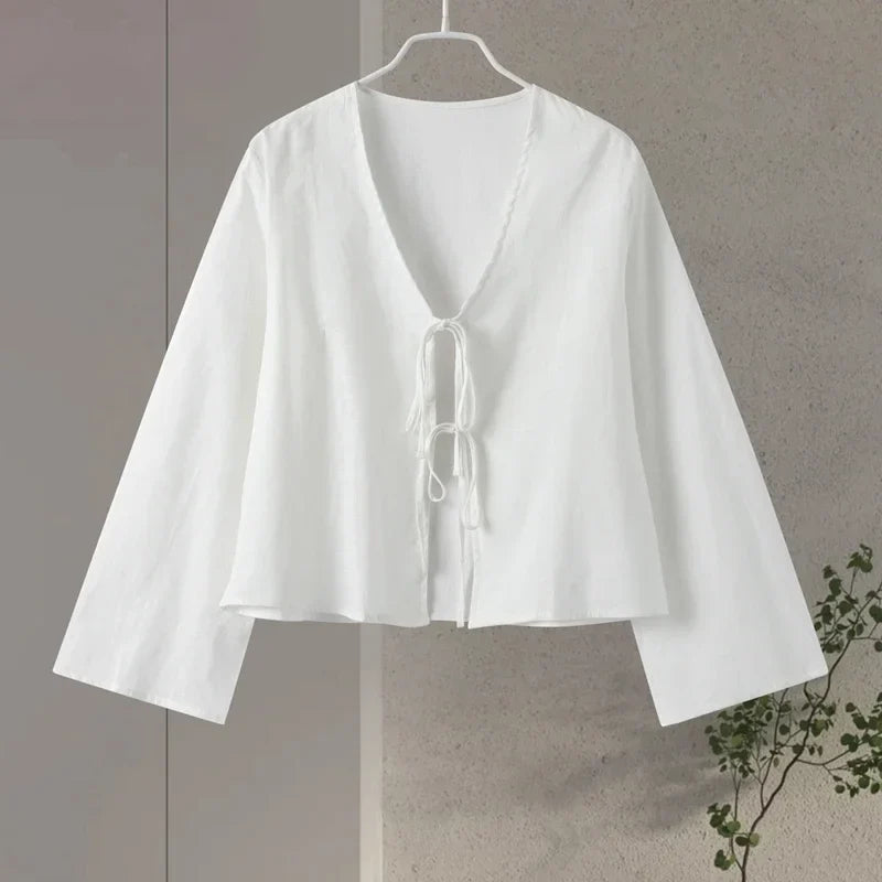 เสื้อเชิ้ตผู้หญิงผ้าฝ้ายผสมลินินแบบผูกเชือกประดับโบว์ ทรงหลวม เว้าคอวี แขนยาว