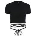 เสื้อยืดแขนสั้นสีดำสำหรับผู้หญิงฤดูร้อน เสื้อครอปเซ็กซี่ เสื้อยืดแขนสั้นแบบพันตัว เสื้อยืดผู้หญิง