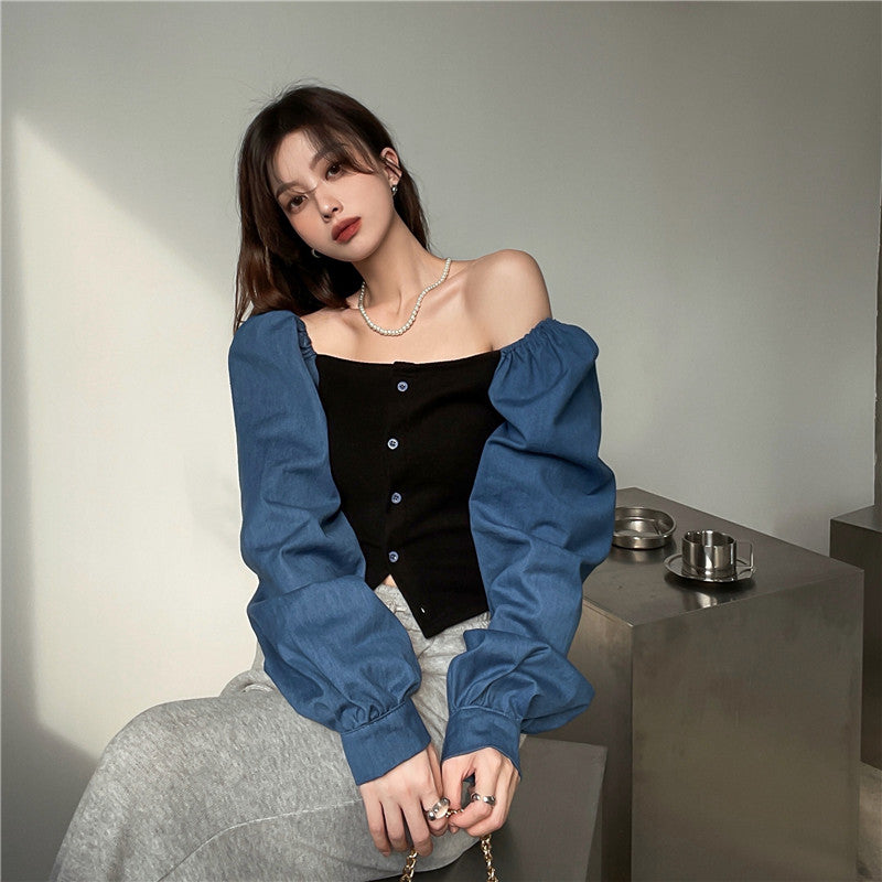 เสื้อเชิ้ตเดนิมต่อผ้าสไตล์ฝรั่งเศสสำหรับผู้หญิง คอเหลี่ยม แขนตุ๊กตา แขนยาว ทรงครอป