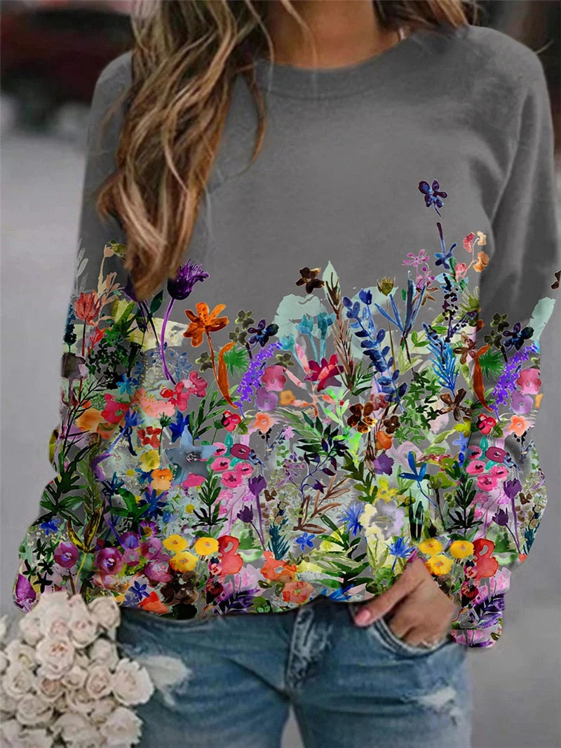 เสื้อสเวตเตอร์ผู้หญิงลายดอกไม้ ทรงหลวม แขนยาว คอกลม เสื้อยืดแมตช์ง่าย