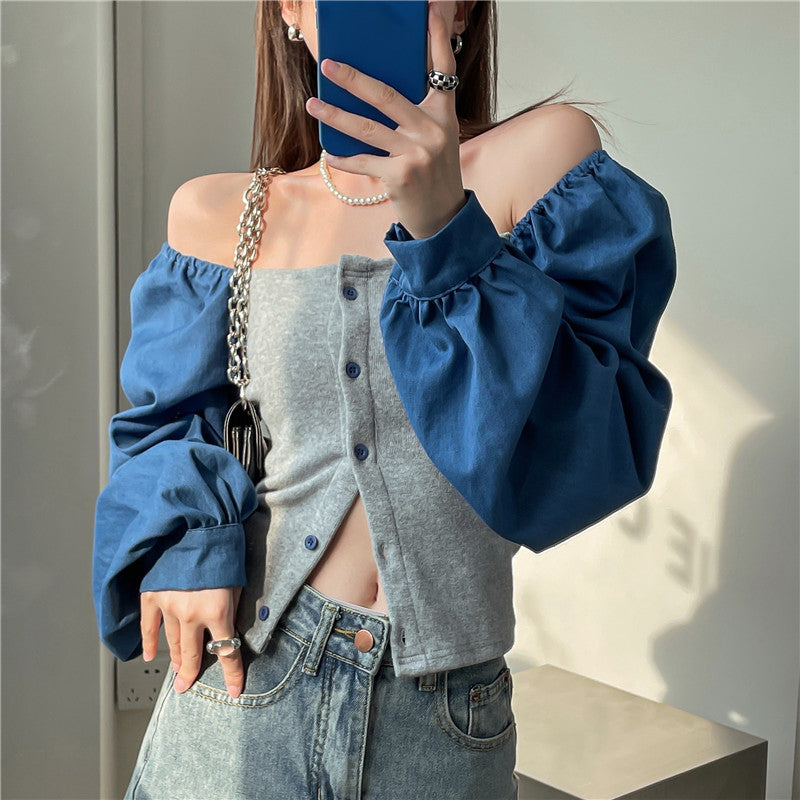 เสื้อเชิ้ตเดนิมต่อผ้าสไตล์ฝรั่งเศสสำหรับผู้หญิง คอเหลี่ยม แขนตุ๊กตา แขนยาว ทรงครอป