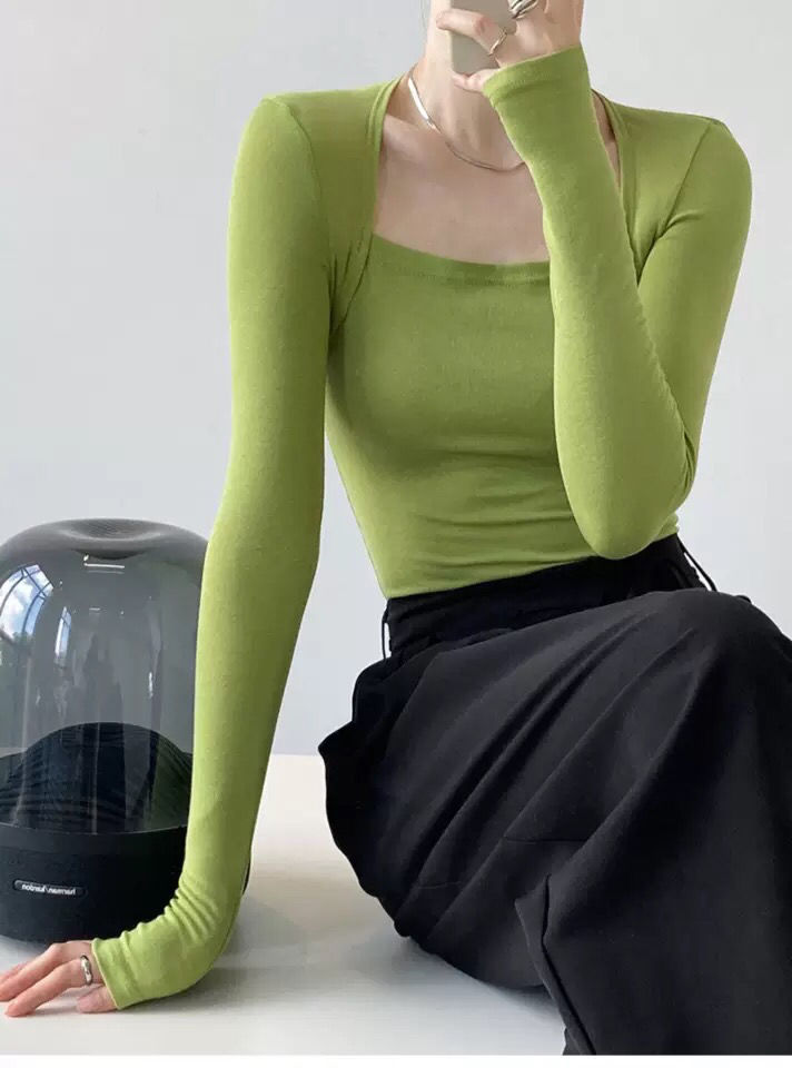 เสื้อแขนยาวผู้หญิง สีลูกกวาด เสื้อยืดรัดรูปแบบเซ็ตสองชิ้นหลอก สำหรับผู้หญิง