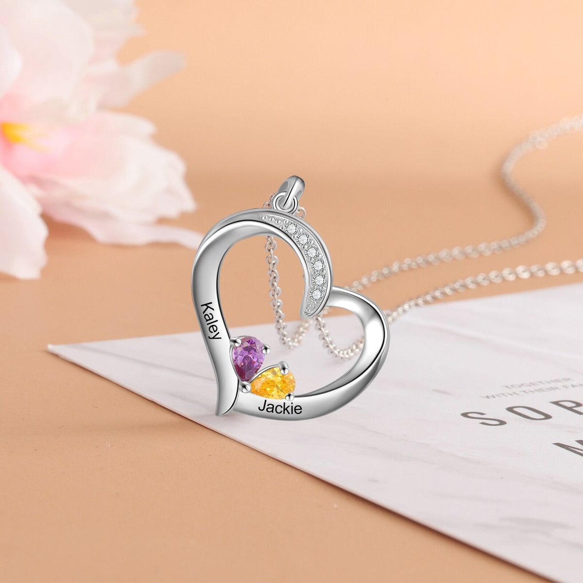 จี้รูปหัวใจสลักชื่อ 1-6 ตัวอัปเดตสร้อยคออัญมณีประจำเดือนเกิด DIY