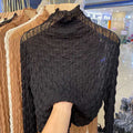 เสื้อยืดผู้หญิงผ้าตาข่ายลูกไม้คอสูง ทรงสั้น แขนยาว สไตล์ลำลอง รัดรูป เนื้อบาง