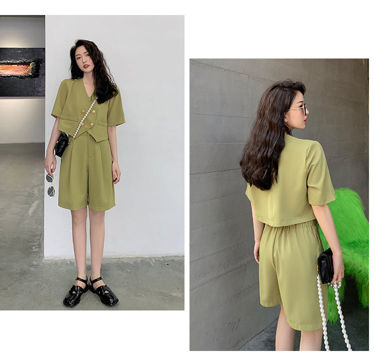 ชุดเซ็ตขาสั้นแฟชั่นใส่ทำงานสำหรับผู้หญิง สไตล์เกาหลี ชุดสูทสองชิ้นทรงหลวม เนื้อผ้าบางเบาสีฤดูร้อน