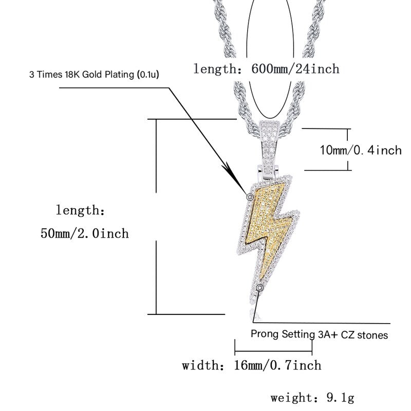 จี้สายฟ้า Bling ประดับเพชรเทียมเต็มพวง พร้อมสร้อย Tennis Chain วัสดุทองแดง เครื่องประดับฮิปฮอปสำหรับผู้ชาย ของขวัญ