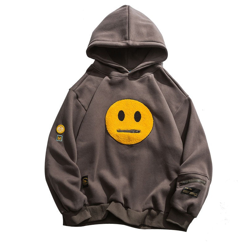 เสื้อฮู้ดเสื้อสเวตเตอร์ผ้าฟลีซสตรีทแวร์แต่งลายหน้ายิ้มแบบแพตช์เวิร์กพร้อมกระเป๋าซิป