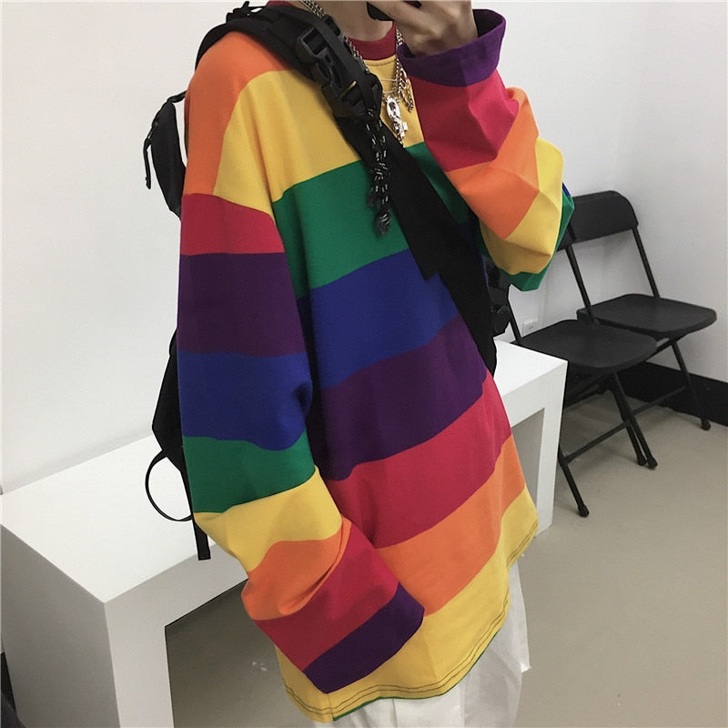 เสื้อยืดผู้หญิงลายทางสีรุ้ง แฟชั่นฮาราจูกุ เสื้อแขนยาวทรงโอเวอร์ไซส์คอกลม