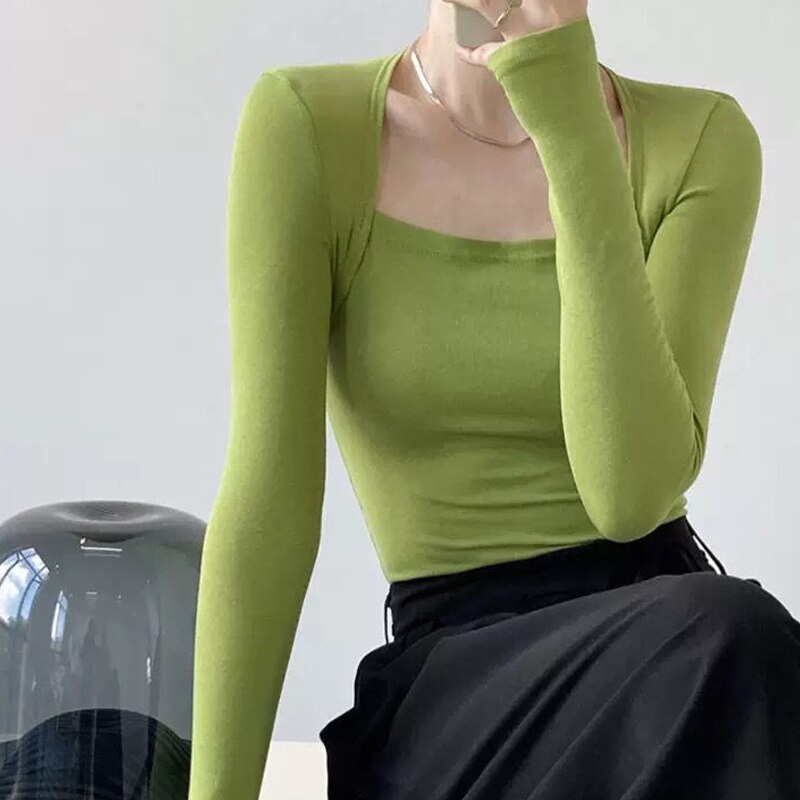 เสื้อแขนยาวผู้หญิง สีลูกกวาด เสื้อยืดรัดรูปแบบเซ็ตสองชิ้นหลอก สำหรับผู้หญิง
