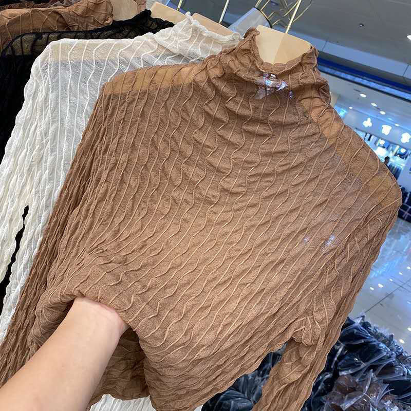 เสื้อยืดผู้หญิงผ้าตาข่ายลูกไม้คอสูง ทรงสั้น แขนยาว สไตล์ลำลอง รัดรูป เนื้อบาง
