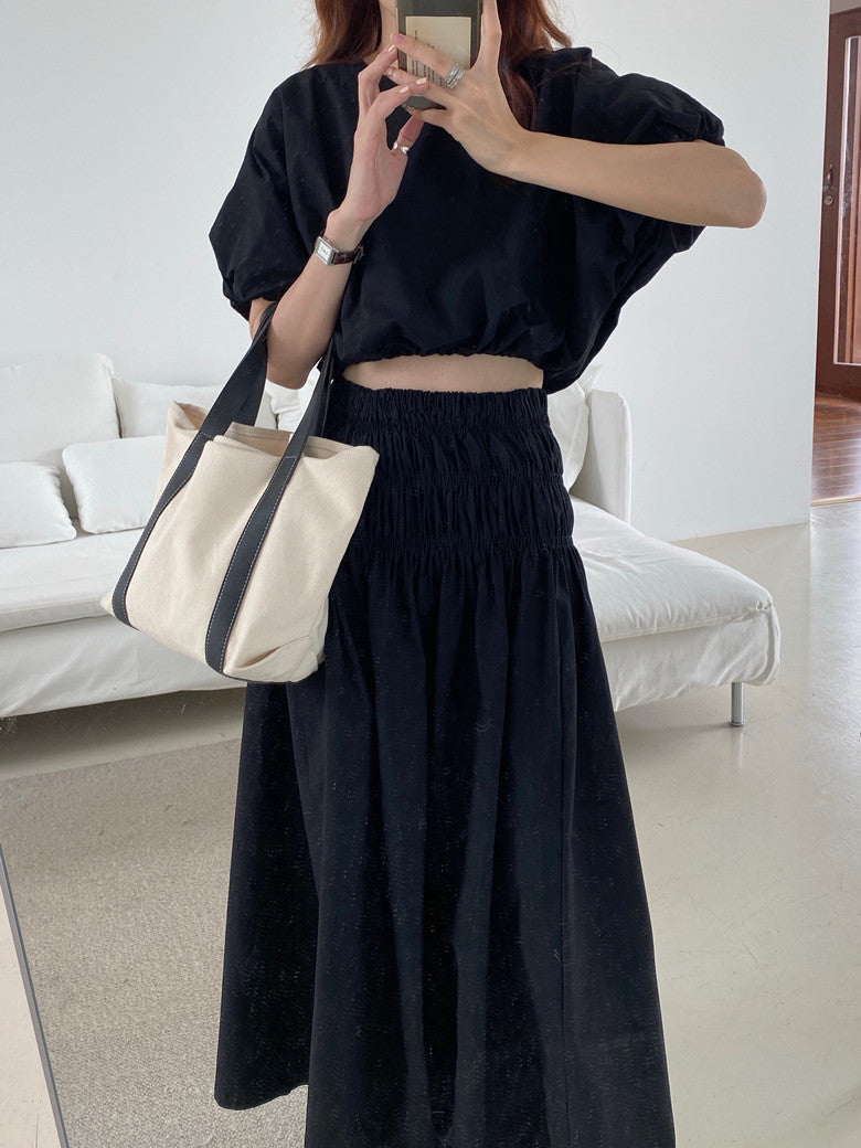 ชุดเซ็ตวินเทจสำหรับผู้หญิง เสื้อครอปแขนตุ๊กตาและกระโปรงยาวทรงเอจีบเอวยืด