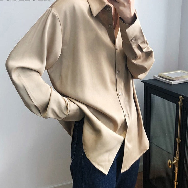 เสื้อเชิ้ตผ้าซาตินแขนยาวปกพับ ดูหรูหรา เหมาะสำหรับชุดทำงานสุภาพสตรีในออฟฟิศ