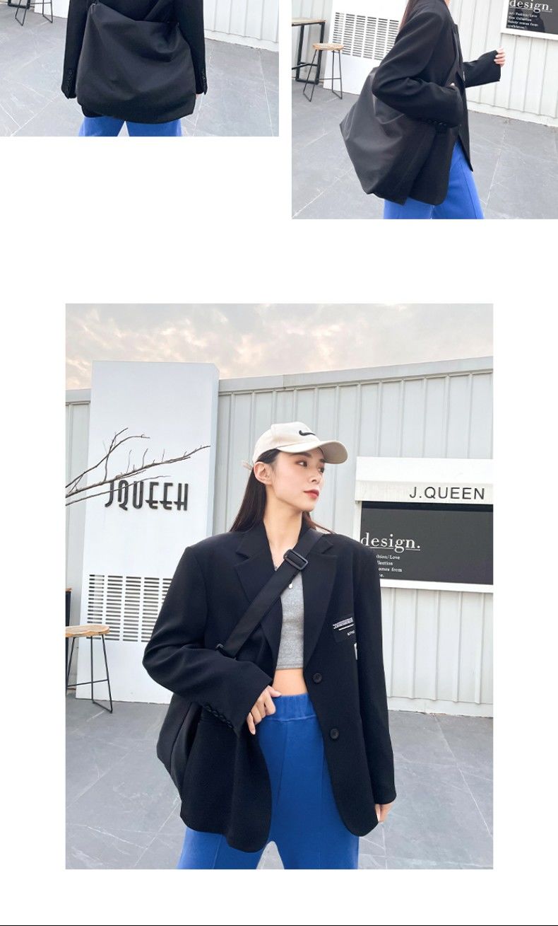 เสื้อเบลเซอร์โอเวอร์ไซส์ผู้หญิง เสื้อโค้ทสูททรงหลวมไหล่กว้างสำหรับฤดูใบไม้ร่วง เบลเซอร์ลำลองมีป้ายสำหรับผู้หญิง