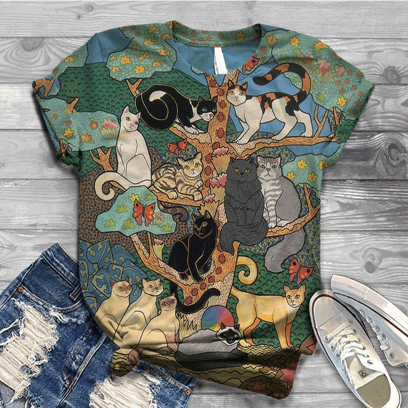 เสื้อยืดผู้หญิงแขนสั้นลายแมว 3D ลายดิจิทัล คอกลม สำหรับฤดูร้อน
