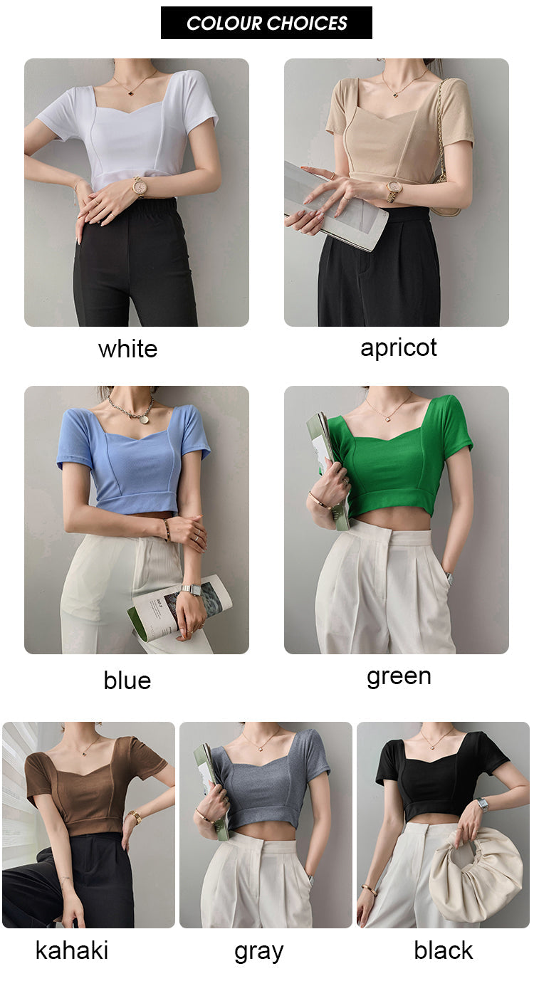 เสื้อคอเหลี่ยมเว้าไหปลาร้าสไตล์ฝรั่งเศส เสื้อครอปเอวสูงแขนสั้นสำหรับผู้หญิง