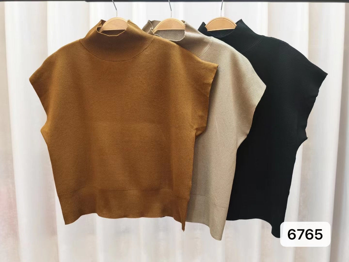 เสื้อคอเต่าผู้หญิงไหมพรมสไตล์ฝรั่งเศส ดีไซน์ฤดูใบไม้ผลิและฤดูร้อน ทรงหลวม แขนสั้น ความยาวครอป