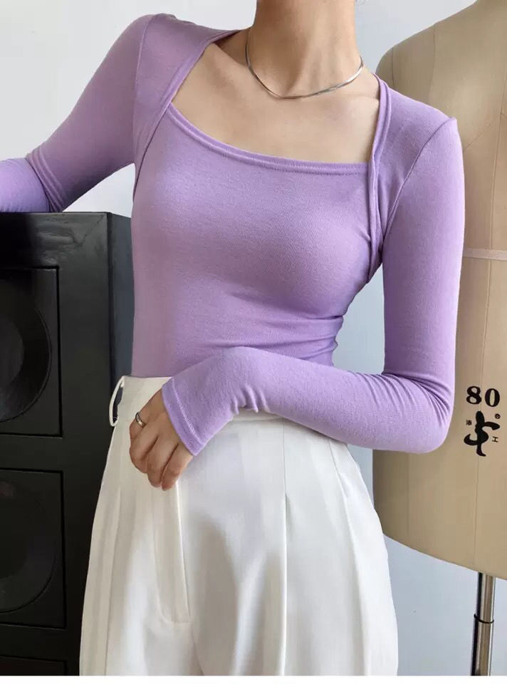 เสื้อแขนยาวผู้หญิง สีลูกกวาด เสื้อยืดรัดรูปแบบเซ็ตสองชิ้นหลอก สำหรับผู้หญิง