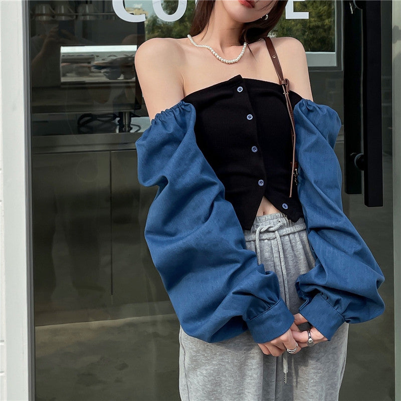 เสื้อเชิ้ตเดนิมต่อผ้าสไตล์ฝรั่งเศสสำหรับผู้หญิง คอเหลี่ยม แขนตุ๊กตา แขนยาว ทรงครอป