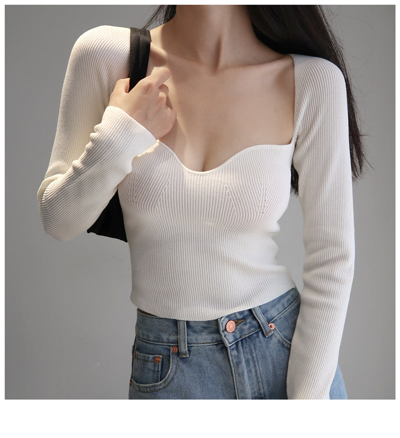 เสื้อไหมพรมผู้หญิงคอเหลี่ยมสไตล์วินเทจฝรั่งเศส ทรงเข้ารูป แขนยาว สวมหัว T-shirt