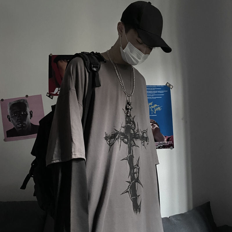 เสื้อยืดสไตล์โกธิค พังก์ แขนยาว โอเวอร์ไซส์ ทรงสองชิ้นแบบหลอก สตรีทแฟชั่น