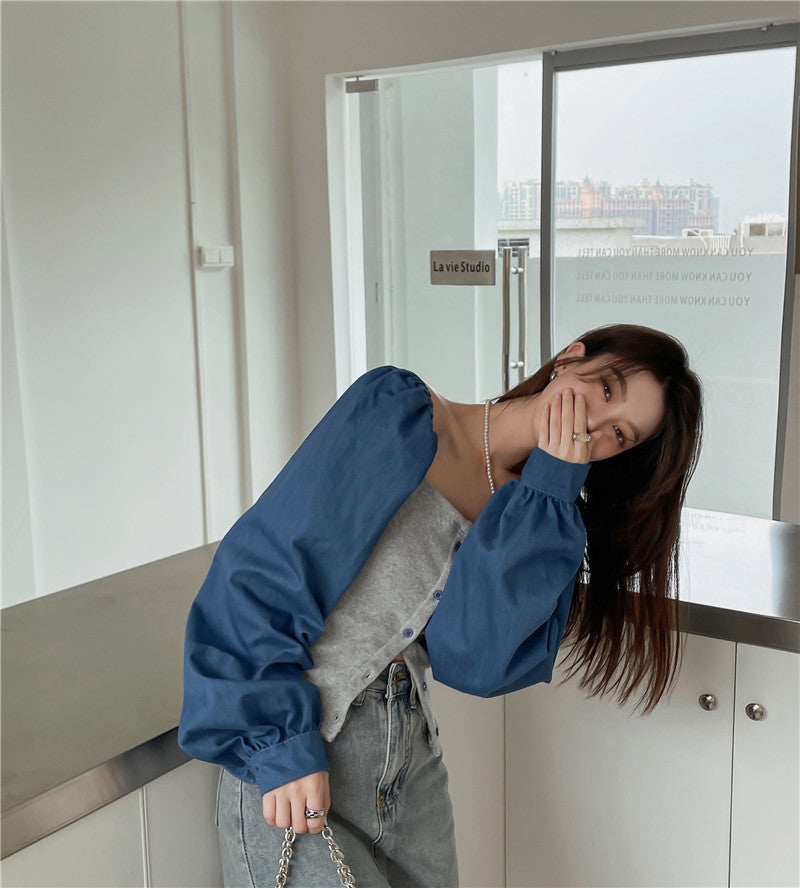 เสื้อเชิ้ตเดนิมต่อผ้าสไตล์ฝรั่งเศสสำหรับผู้หญิง คอเหลี่ยม แขนตุ๊กตา แขนยาว ทรงครอป