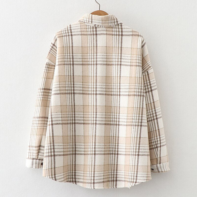 เสื้อเชิ้ตเสื้อเบลาส์ผ้ากำมะหยี่เนื้อหนาลายสก็อต เสื้อกันหนาวสำหรับฤดูใบไม้ร่วงและฤดูหนาว