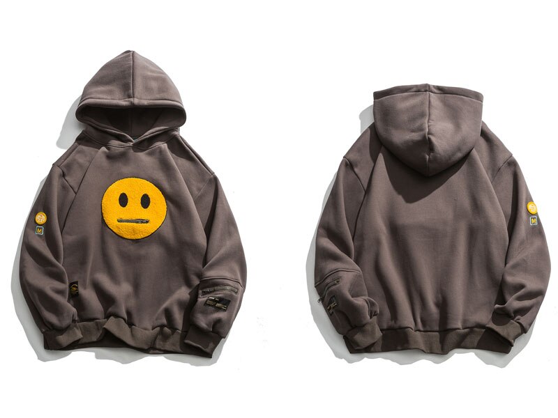เสื้อฮู้ดเสื้อสเวตเตอร์ผ้าฟลีซสตรีทแวร์แต่งลายหน้ายิ้มแบบแพตช์เวิร์กพร้อมกระเป๋าซิป
