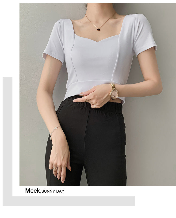 เสื้อคอเหลี่ยมเว้าไหปลาร้าสไตล์ฝรั่งเศส เสื้อครอปเอวสูงแขนสั้นสำหรับผู้หญิง