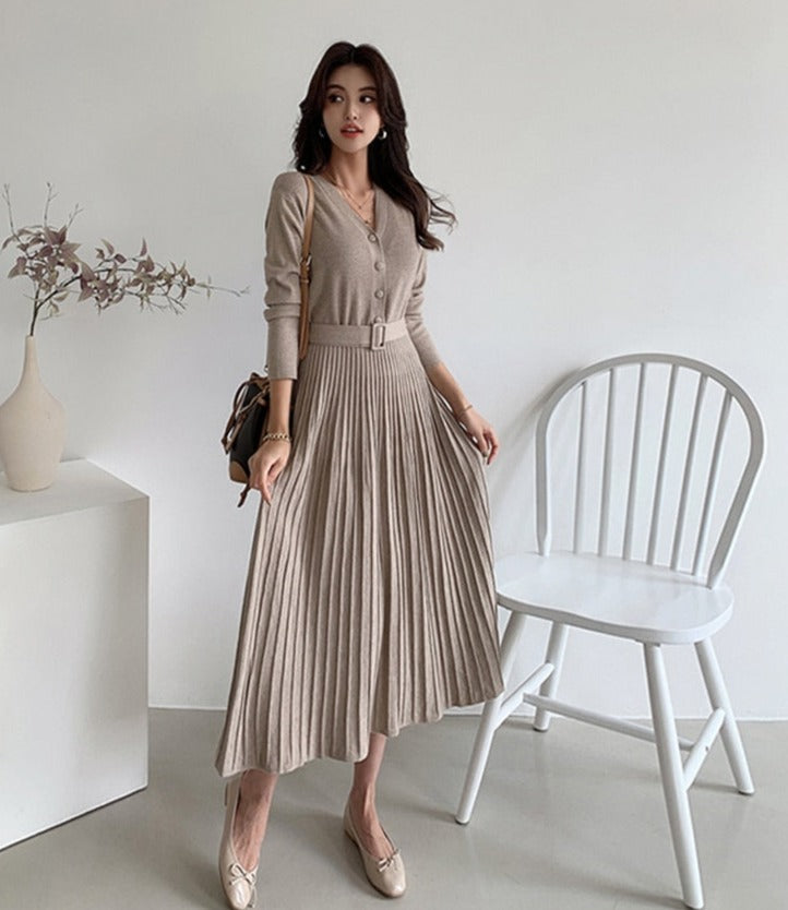 ชุดเดรสสเวตเตอร์ผู้หญิงกระดุมแถวเดียว ผ้าถัก คาดเข็มขัด เดรสทรงเอเนื้อนุ่มสำหรับผู้หญิง