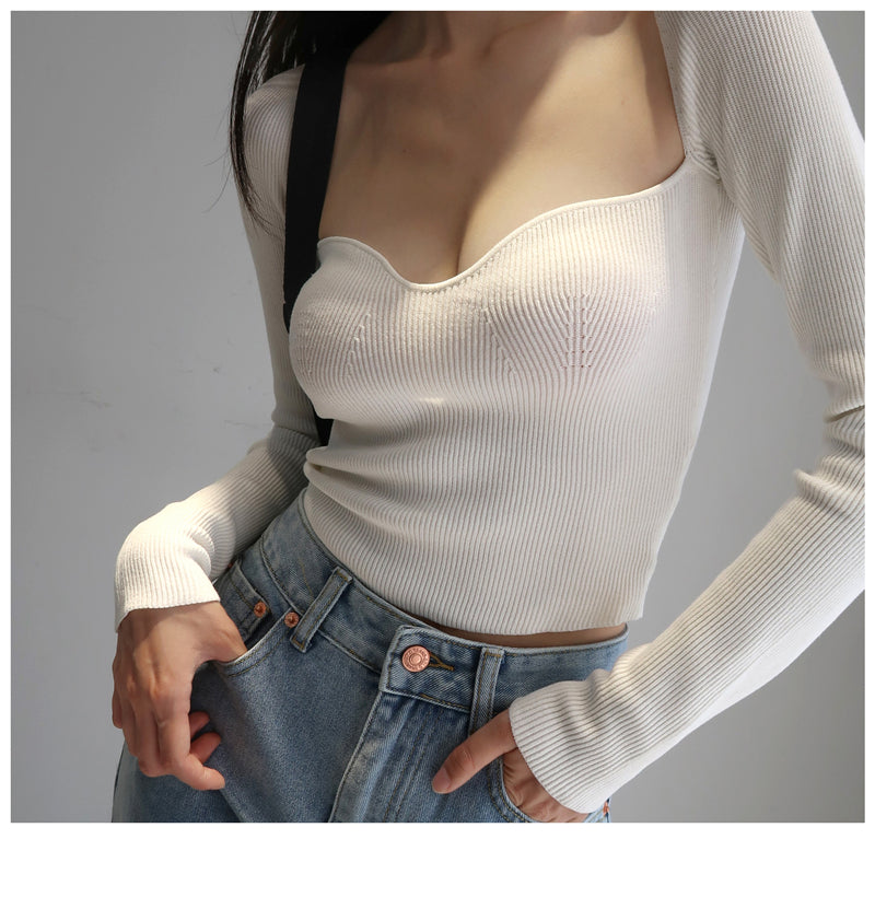 เสื้อไหมพรมผู้หญิงคอเหลี่ยมสไตล์วินเทจฝรั่งเศส ทรงเข้ารูป แขนยาว สวมหัว T-shirt