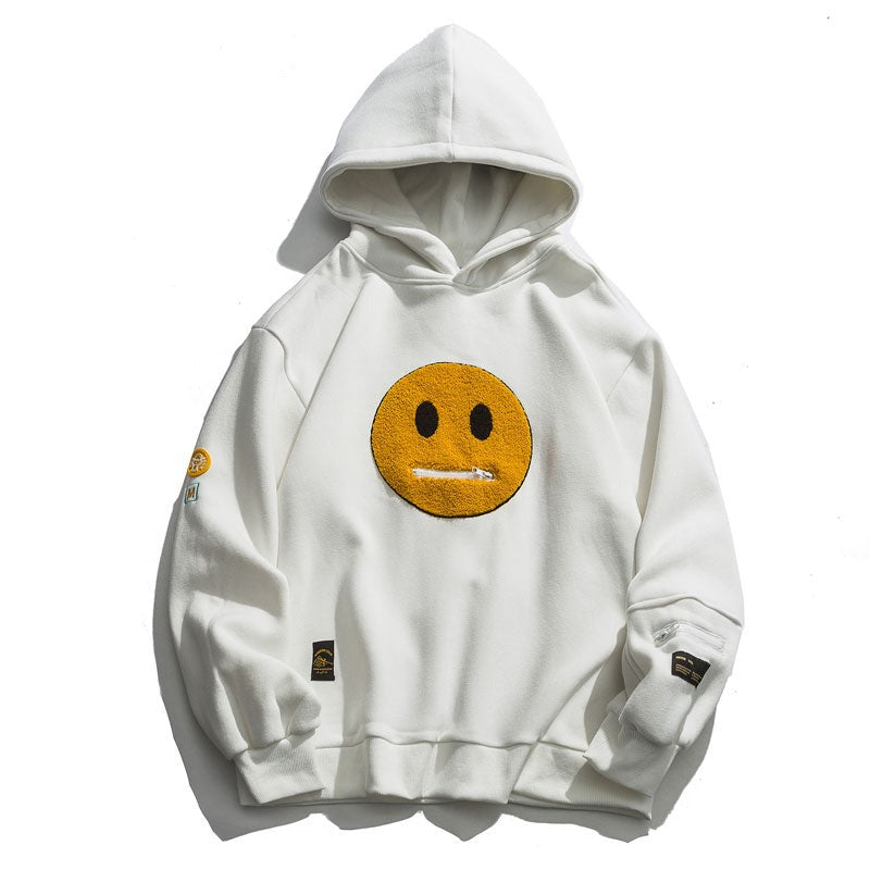 เสื้อฮู้ดเสื้อสเวตเตอร์ผ้าฟลีซสตรีทแวร์แต่งลายหน้ายิ้มแบบแพตช์เวิร์กพร้อมกระเป๋าซิป