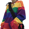 เสื้อยืดผู้หญิงลายทางสีรุ้ง แฟชั่นฮาราจูกุ เสื้อแขนยาวทรงโอเวอร์ไซส์คอกลม