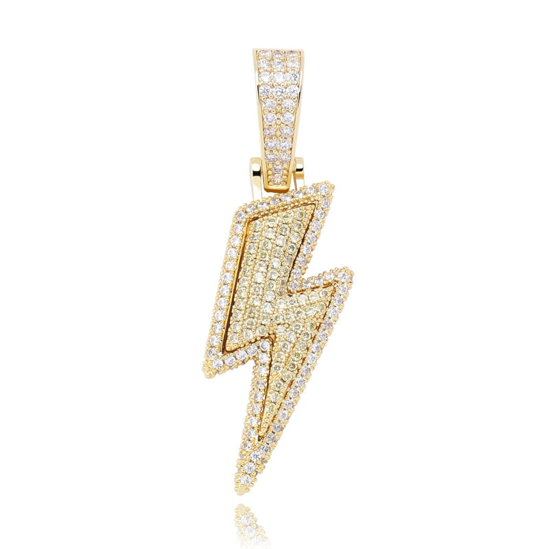 จี้สายฟ้า Bling ประดับเพชรเทียมเต็มพวง พร้อมสร้อย Tennis Chain วัสดุทองแดง เครื่องประดับฮิปฮอปสำหรับผู้ชาย ของขวัญ