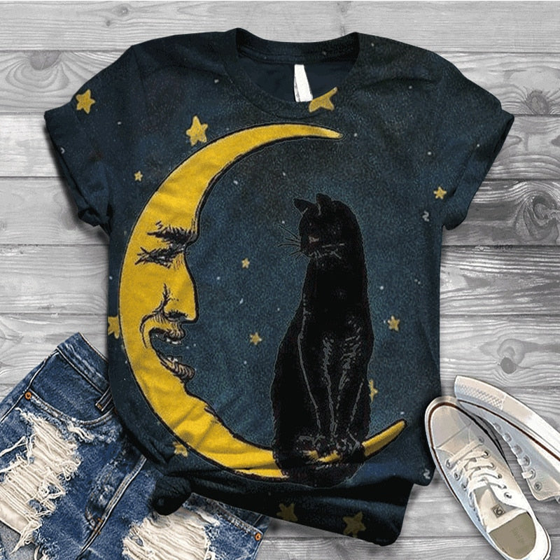 เสื้อยืดผู้หญิงแขนสั้นลายแมว 3D ลายดิจิทัล คอกลม สำหรับฤดูร้อน