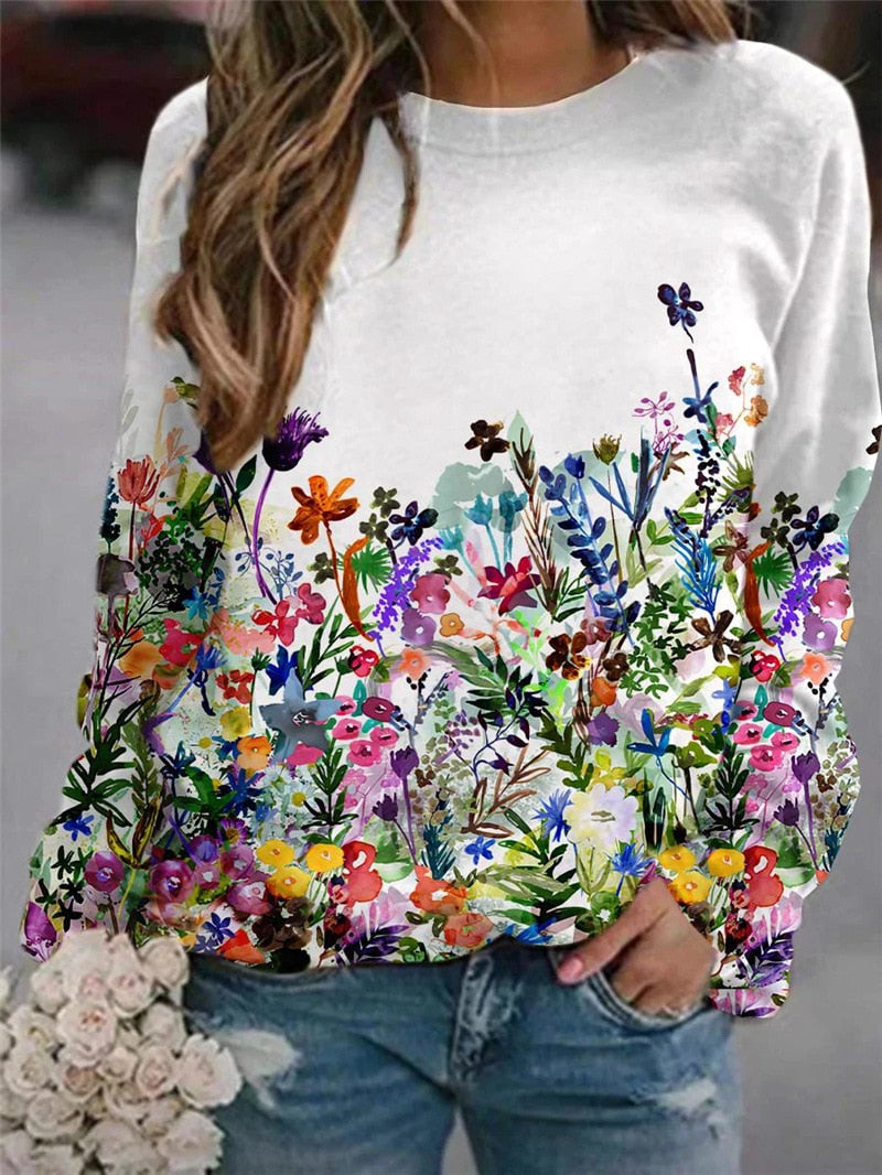 เสื้อสเวตเตอร์ผู้หญิงลายดอกไม้ ทรงหลวม แขนยาว คอกลม เสื้อยืดแมตช์ง่าย