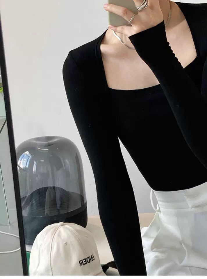 เสื้อแขนยาวผู้หญิง สีลูกกวาด เสื้อยืดรัดรูปแบบเซ็ตสองชิ้นหลอก สำหรับผู้หญิง