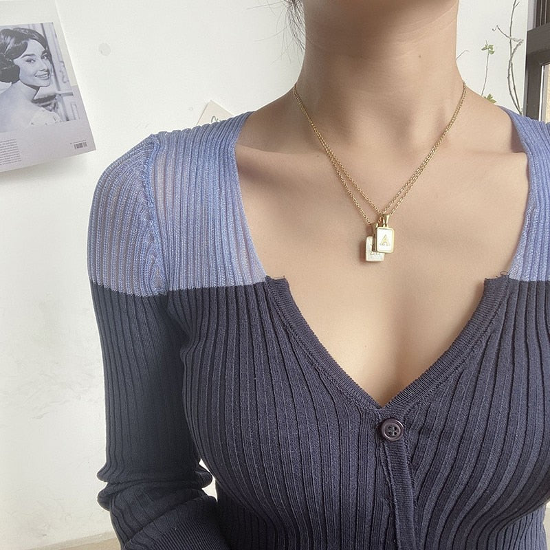 สร้อยคอโซ่ทอง 18K สำหรับผู้ชาย จี้สี่เหลี่ยมเปลือกหอยธรรมชาติ อักษรย่อ เครื่องประดับสเตนเลส