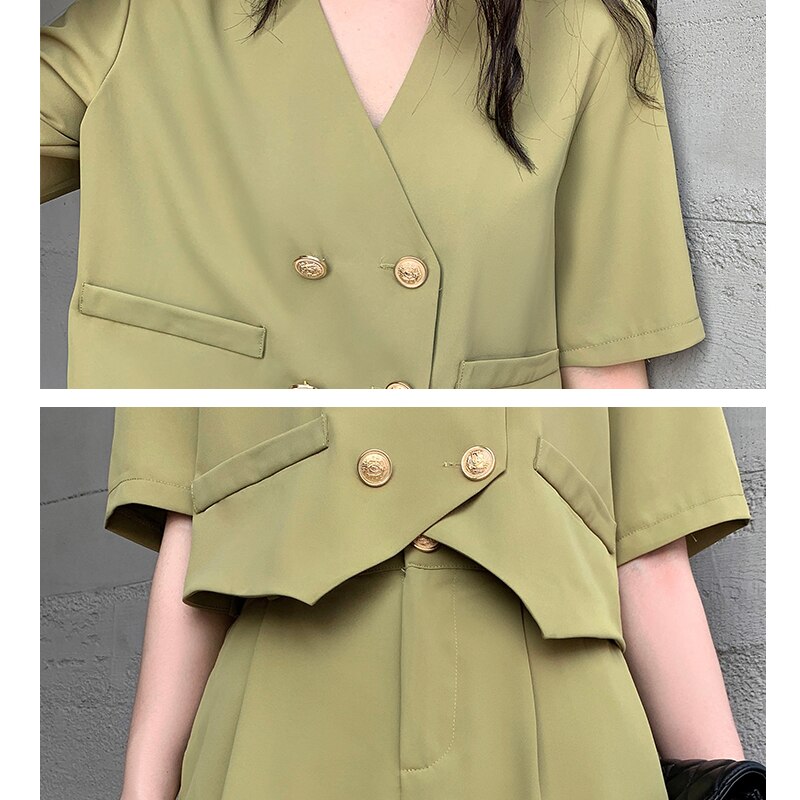 ชุดเซ็ตขาสั้นแฟชั่นใส่ทำงานสำหรับผู้หญิง สไตล์เกาหลี ชุดสูทสองชิ้นทรงหลวม เนื้อผ้าบางเบาสีฤดูร้อน