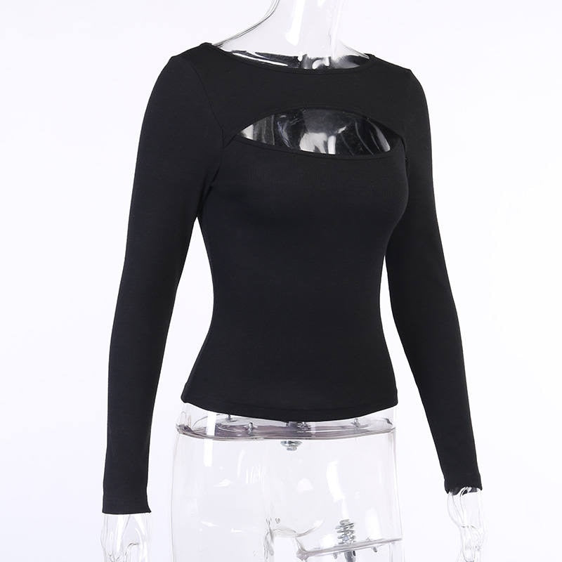เสื้อยืดคอกลมแขนยาวเข้ารูปซีทรูเซ็กซี่สไตล์ลำลอง สีดำล้วน