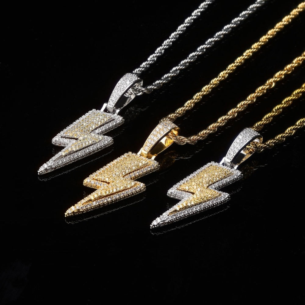 จี้สายฟ้า Bling ประดับเพชรเทียมเต็มพวง พร้อมสร้อย Tennis Chain วัสดุทองแดง เครื่องประดับฮิปฮอปสำหรับผู้ชาย ของขวัญ