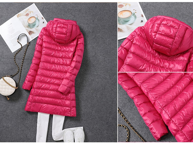 เสื้อแจ็กเก็ตขนเป็ดบางน้ำหนักเบาพิเศษ สีขาว ขนเป็ด มีฮู้ด ตัวยาว แขนยาว